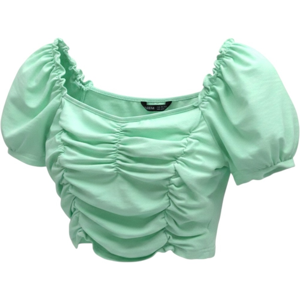 SHEIN Mint Green Ruched Puff Sleeve Crop Top‎ Square Neck Small